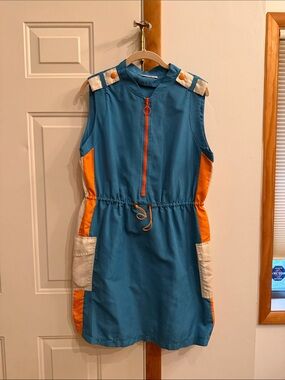 zinc Teal Dress with Orange Panels and Cream Trim